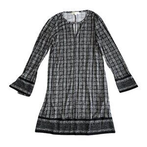 Black White Houndstooth Jacquard Michael Kors Long Sleeve Knee Length Dress L